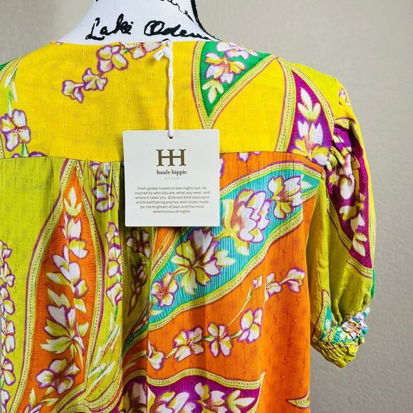 Haute Hippie multi floral blouse short sleeves and gather cuff size M boho - Picture 6 of 14